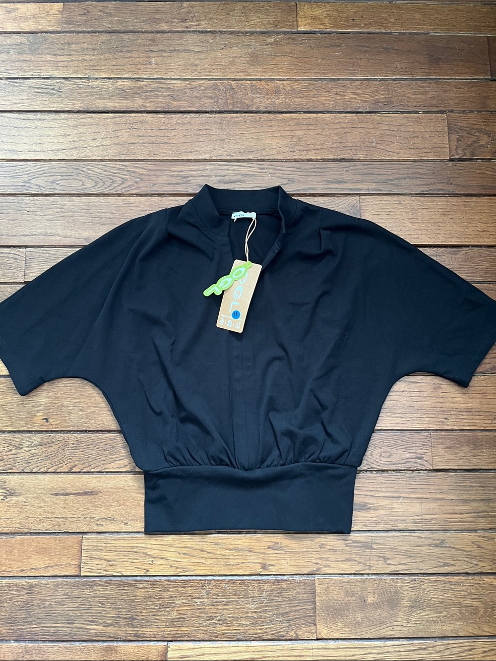 OGL Black Stand Collar V-Neck Short Sleeve Top Size Small NWT New With Tags